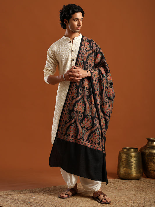 Tweedle Men Pure Wool Sozni Embroidery Shawl - Black, Size - 40x80
