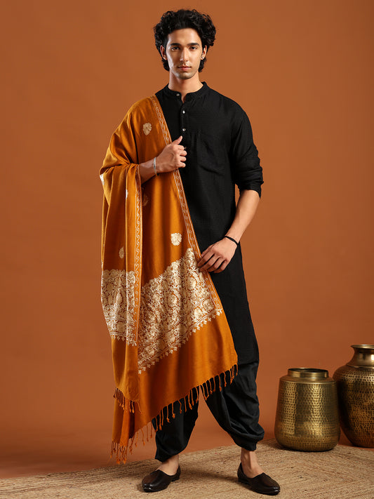 Tweedle Men’s Kashmiri Aari Embroidery Shawl / Stole - Mustard, Size - 40 x 80 inches