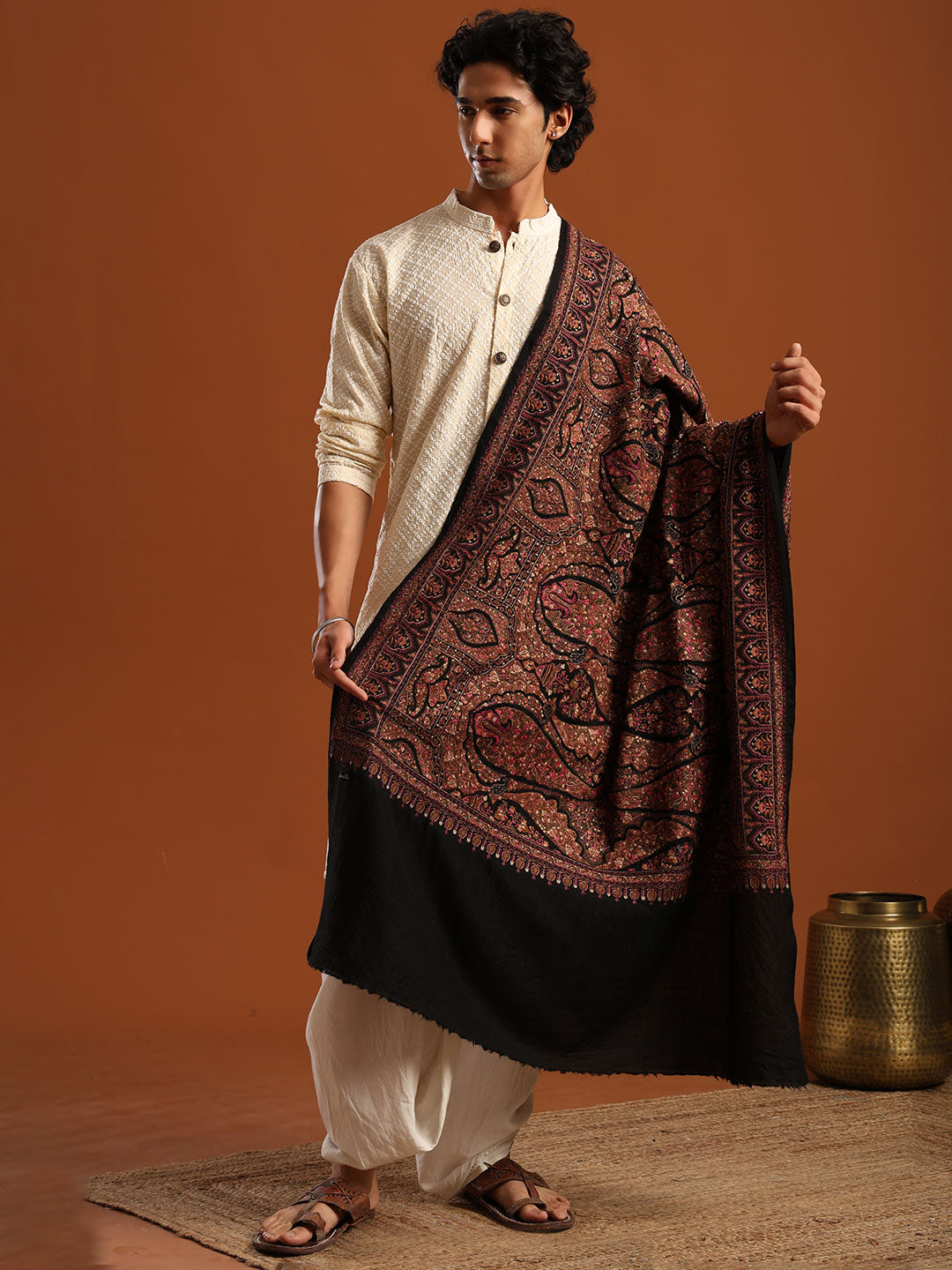 Tweedle Men’s Pure Wool Sozni Embroidery Jama Shawl - Black, Size - 40x80