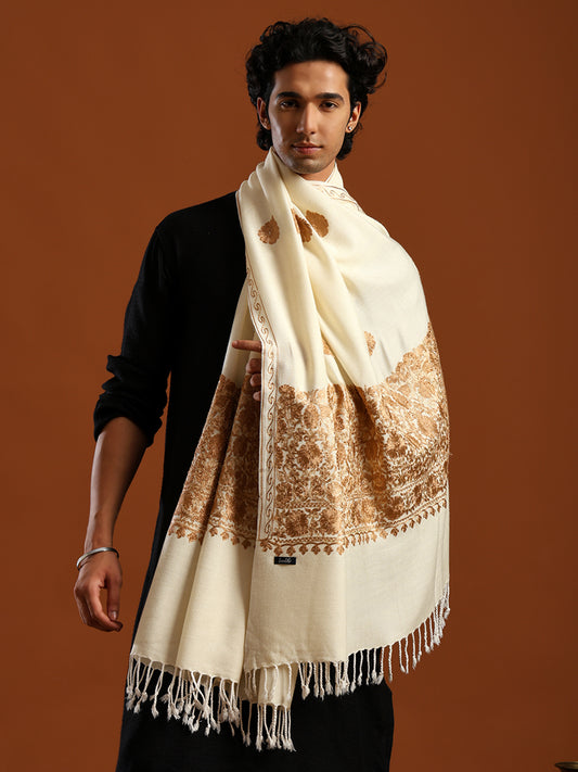 Tweedle Men’s Kashmiri Aari Embroidery Shawl / Stole - Off-White, Size - 40 x 80 inches