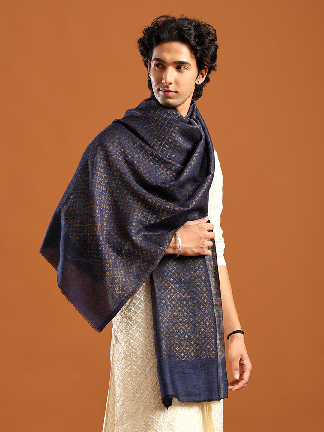 Tweedle Men’s Reversible Pashmina Wool Stole with Floral Zari Weave - Blue