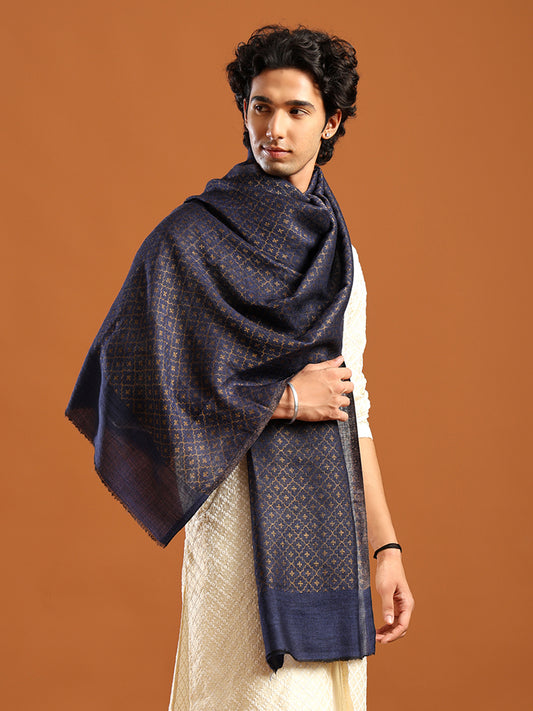 Tweedle Men’s Reversible Pashmina Wool Stole with Floral Zari Weave - Blue
