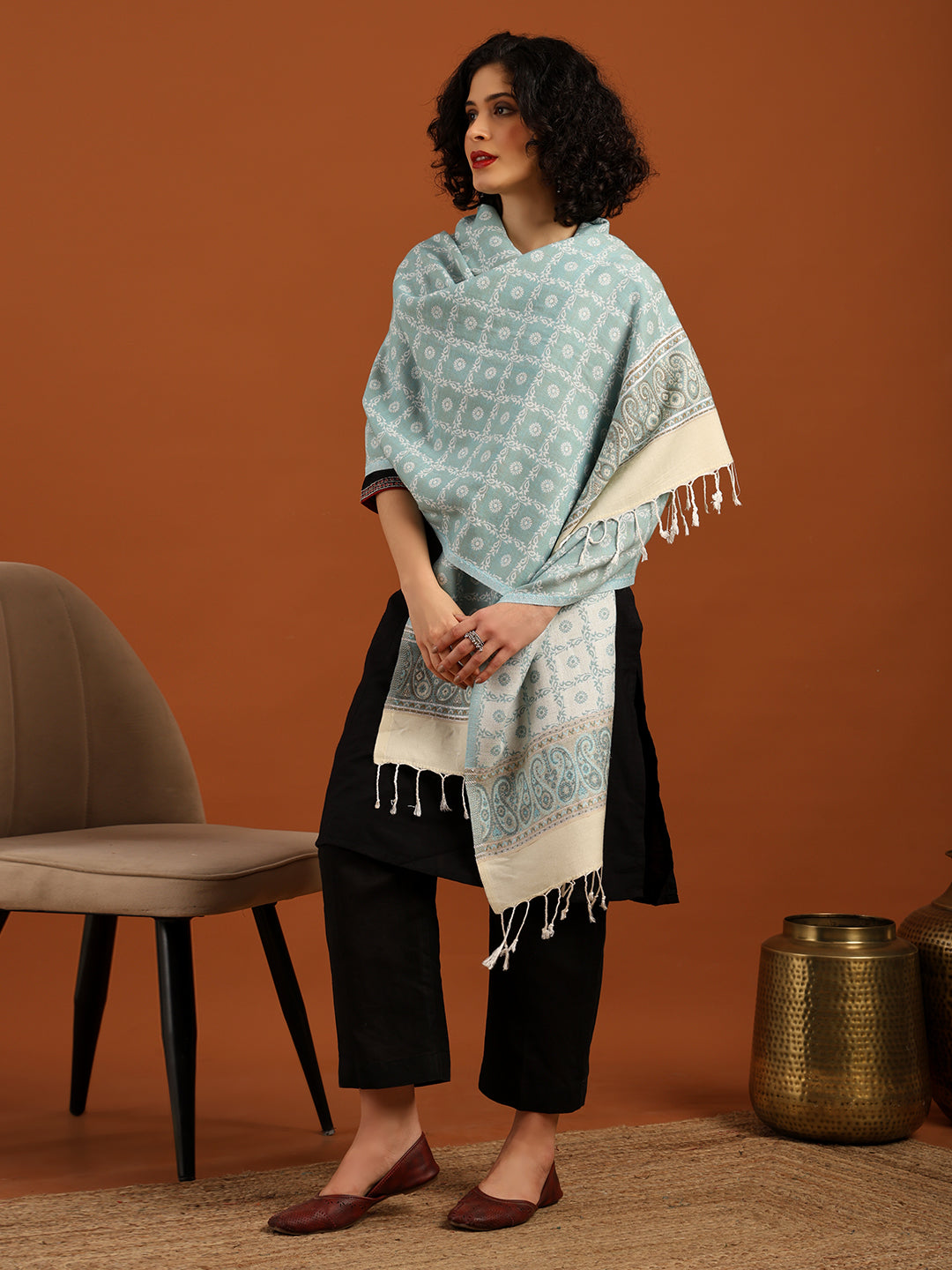 Reversible, Floral Design Blended Wool Stole for Women – Blue