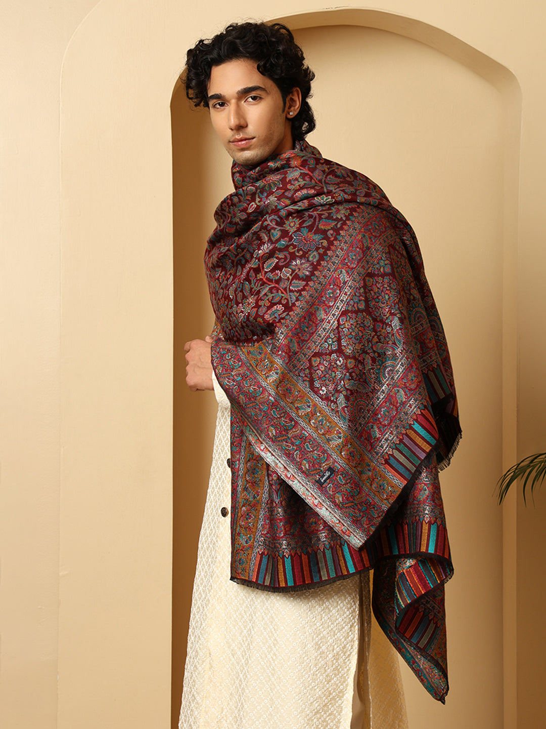 Tweedle Men’s Regalia Silk Modal, Zari Weave, Kashmiri Kani Shawl - Maroon