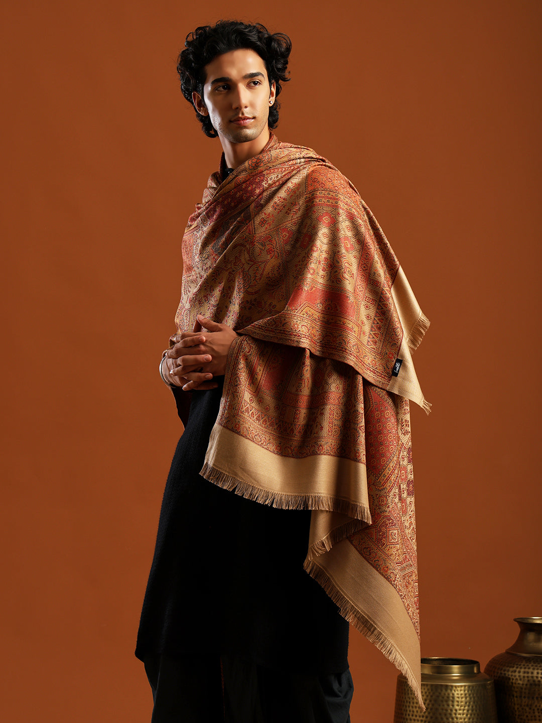 Tweedle Men’s Jamawar Shawl, Faux Pashmina - Beige, Size 40 x 80 inches