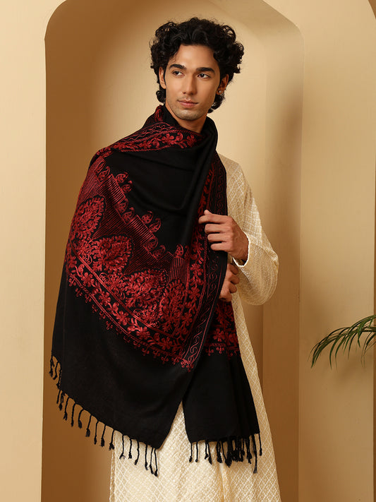 Tweedle Men’s Kashmiri Aari Embroidery Stole/ Scarf - Black, Size - 28 x 80 inches