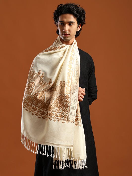 Tweedle Men’s Kashmiri Aari Embroidery Stole/ Scarf - Off-White, Size - 28 x 80 inches