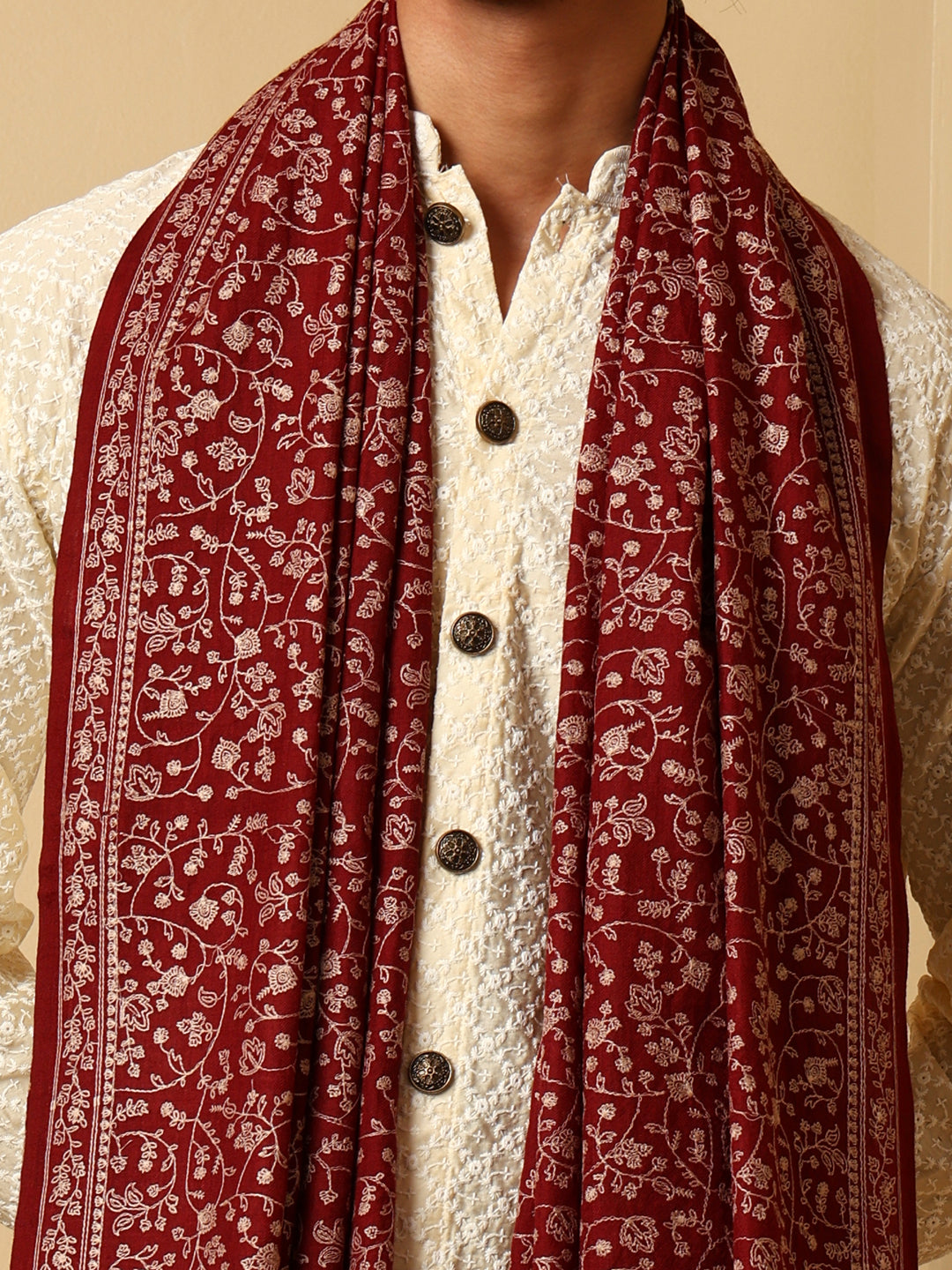 Tweedle Traditional Pure Wool Dupehra Kashmiri Embroidery Shawl for Men - Maroon