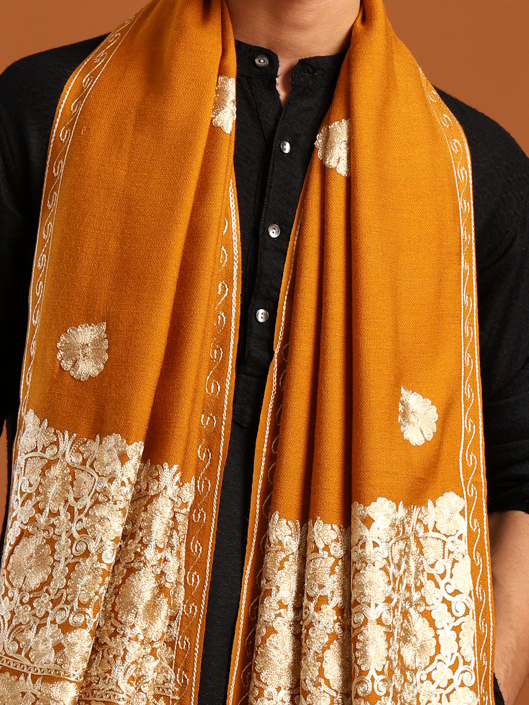 Tweedle Men’s Kashmiri Aari Embroidery Shawl / Stole - Mustard, Size - 40 x 80 inches