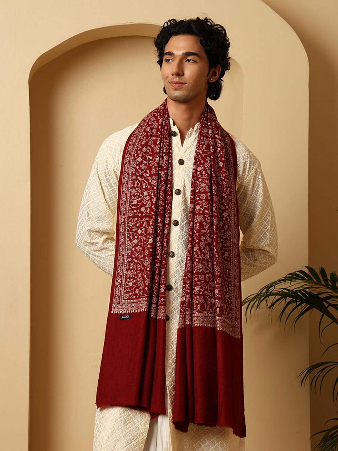 Tweedle Traditional Pure Wool Dupehra Kashmiri Embroidery Shawl for Men - Maroon