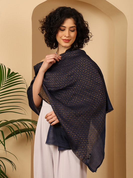 Tweedle Women’s Reversible Pashmina Wool Stole with Floral Zari Weave - Blue