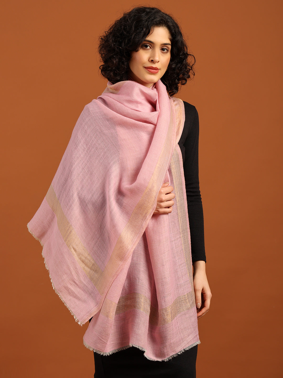 Tweedle Women’s Fine Wool Reversible Stole with Zari Border- Pink