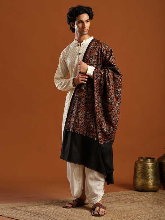 Tweedle Men’s Pure Wool Sozni Embroidery Jama Shawl - Black, Size - 40x80