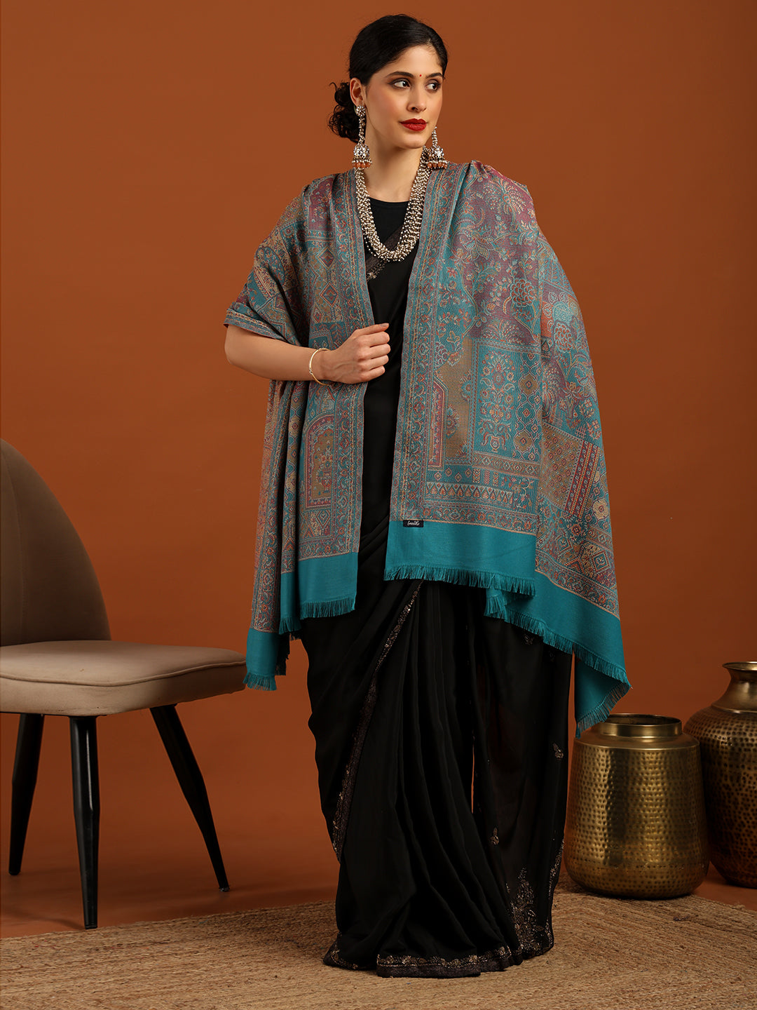 Tweedle Women’s Jamawar Shawl, Faux Pashmina - Turquoise, Size 40 x 80 inches