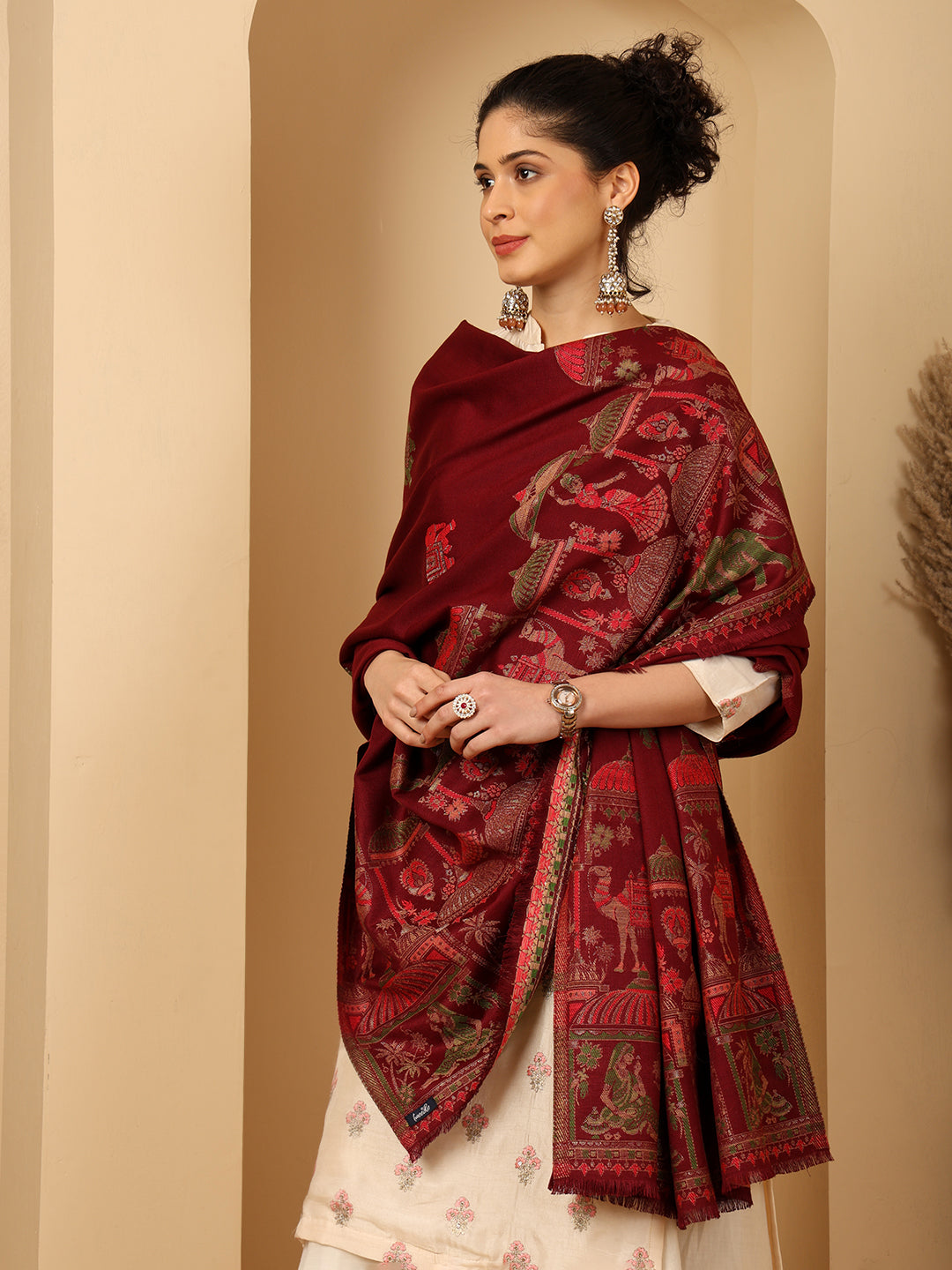 Tweedle Women’s Mahotsav Ethnic Design Zari Shawl, Faux Wool - Maroon, Size - 40 x 80 inches