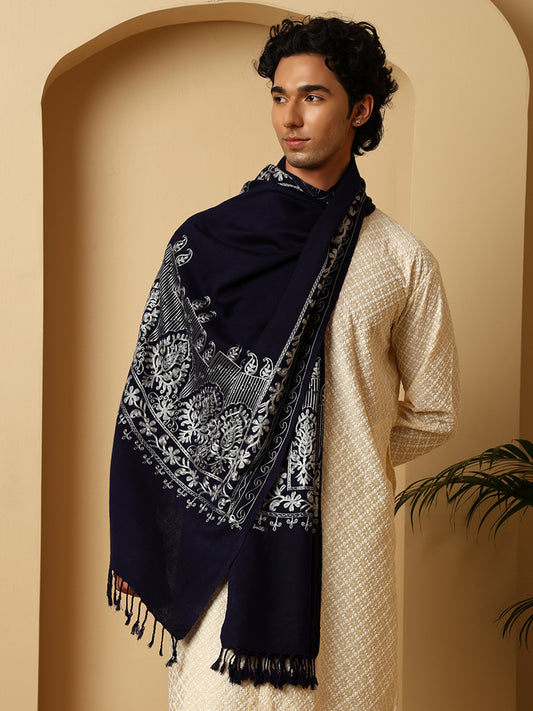 Tweedle Men’s Kashmiri Aari Embroidery Stole/ Scarf - Navy Blue, Size - 28 x 80 inches