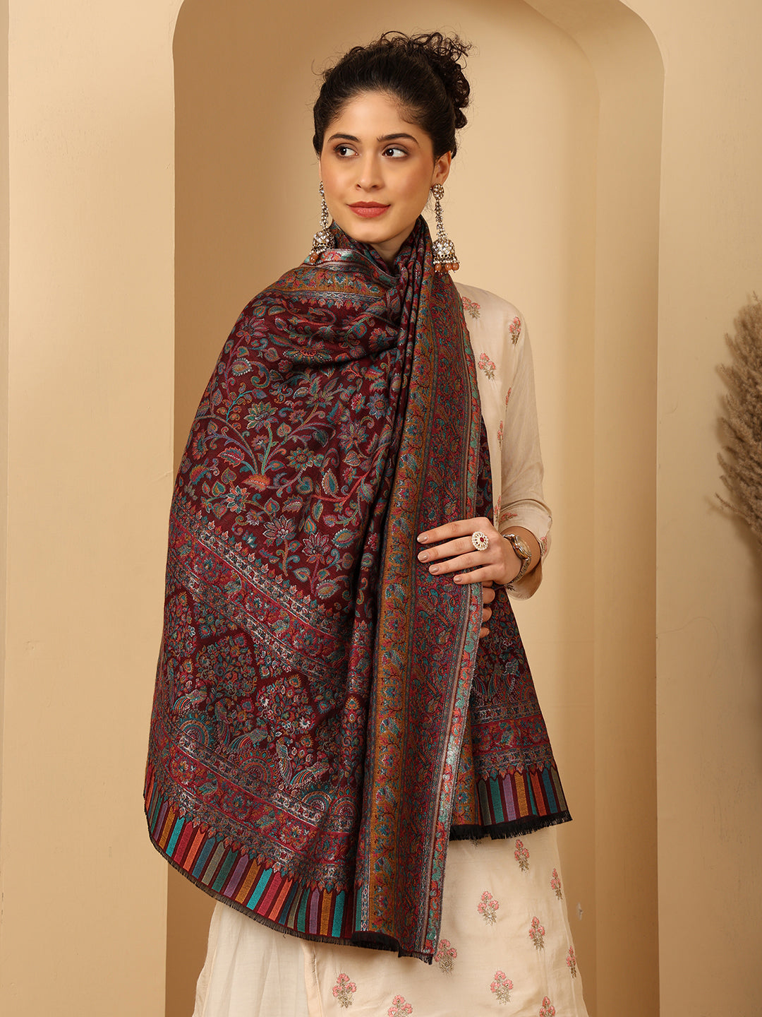 Tweedle Women’s Regalia Silk Moda, Zari Weave, Kashmiri Kani Shawl – Maroon