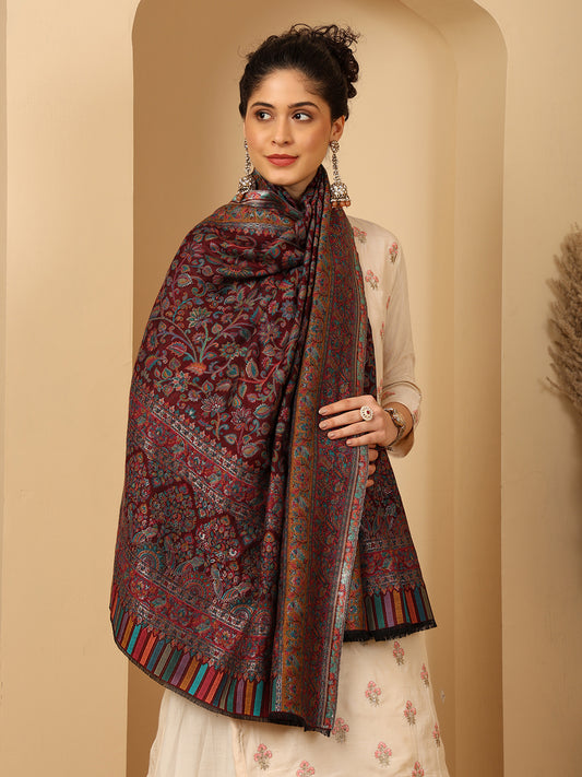 Tweedle Women’s Regalia Silk Moda, Zari Weave, Kashmiri Kani Shawl – Maroon