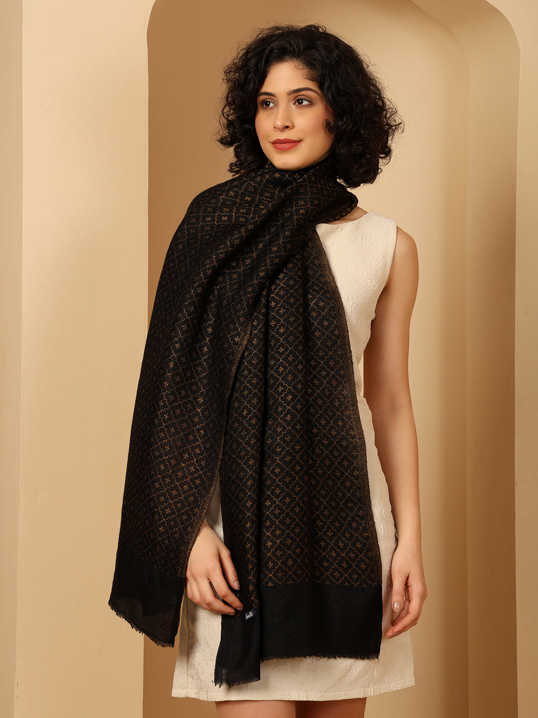 Tweedle Women’s Reversible Pashmina Wool Stole with Floral Zari Weave - Black