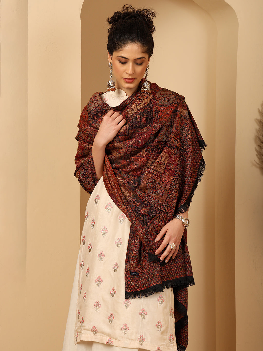 Tweedle Women’s Jamawar Shawl, Faux Pashmina - Black, Size 40 x 80 inches