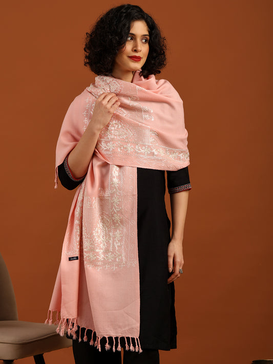 Tweedle Women’s Kashmiri Aari Embroidery Stole/ Scarf - Pink, Size - 28 x 80 inches