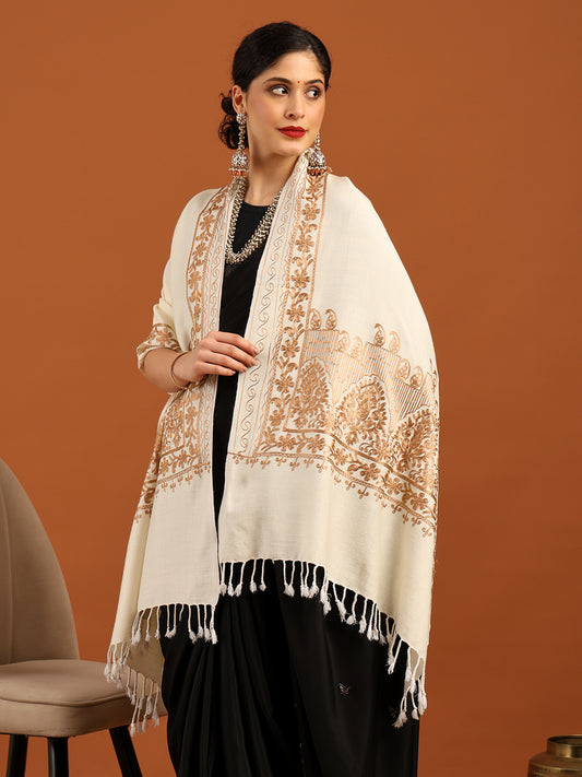 Tweedle Women’s Kashmiri Aari Embroidery Stole/ Scarf - Off-White, Size - 28 x 80 inches