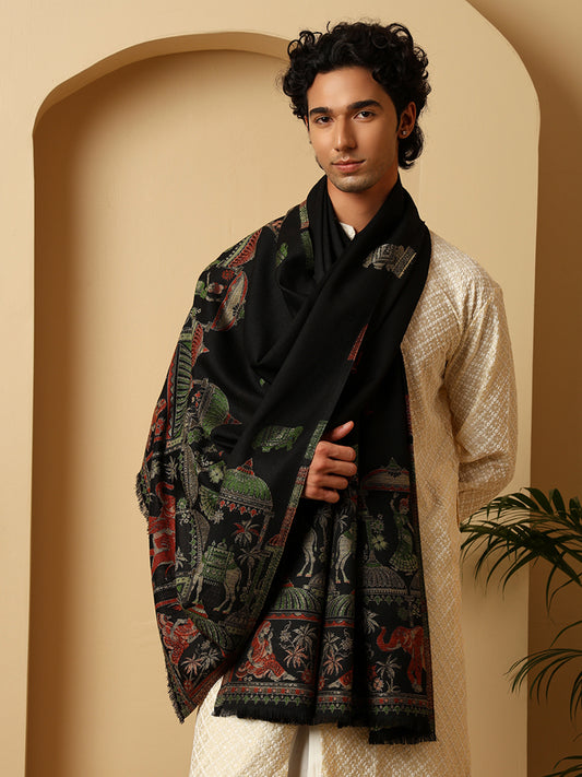 Tweedle Men’s Mahotsav Ethnic Design Zari Shawl, Faux Wool - Black, Size - 40 x 80 inches