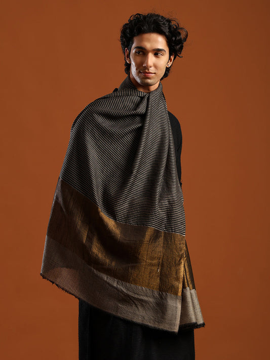 Tweedle Men’s Fine Wool Stole with Striped Zari Palla - Black