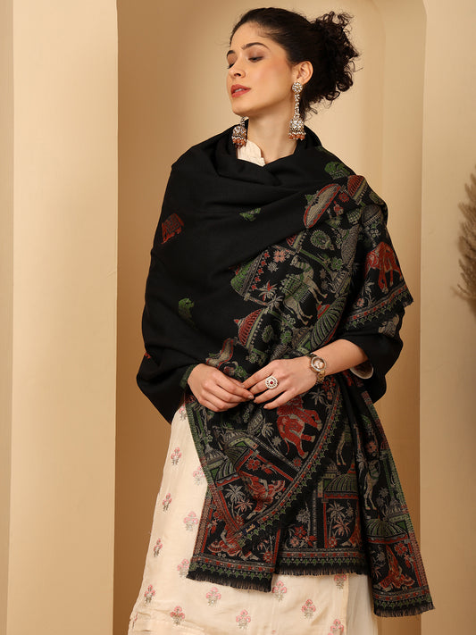 Tweedle Women’s Mahotsav Ethnic Design Zari Shawl, Faux Wool - Black, Size - 40 x 80 inches