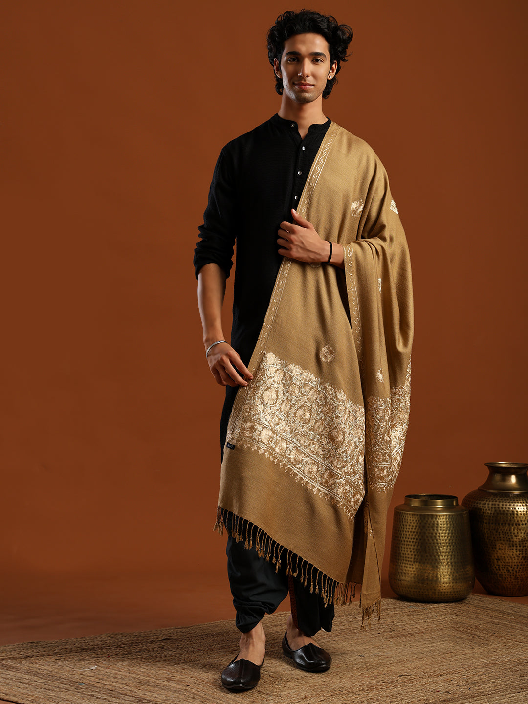 Tweedle Men’s Kashmiri Aari Embroidery Shawl / Stole - Beige, Size - 40 x 80 inches