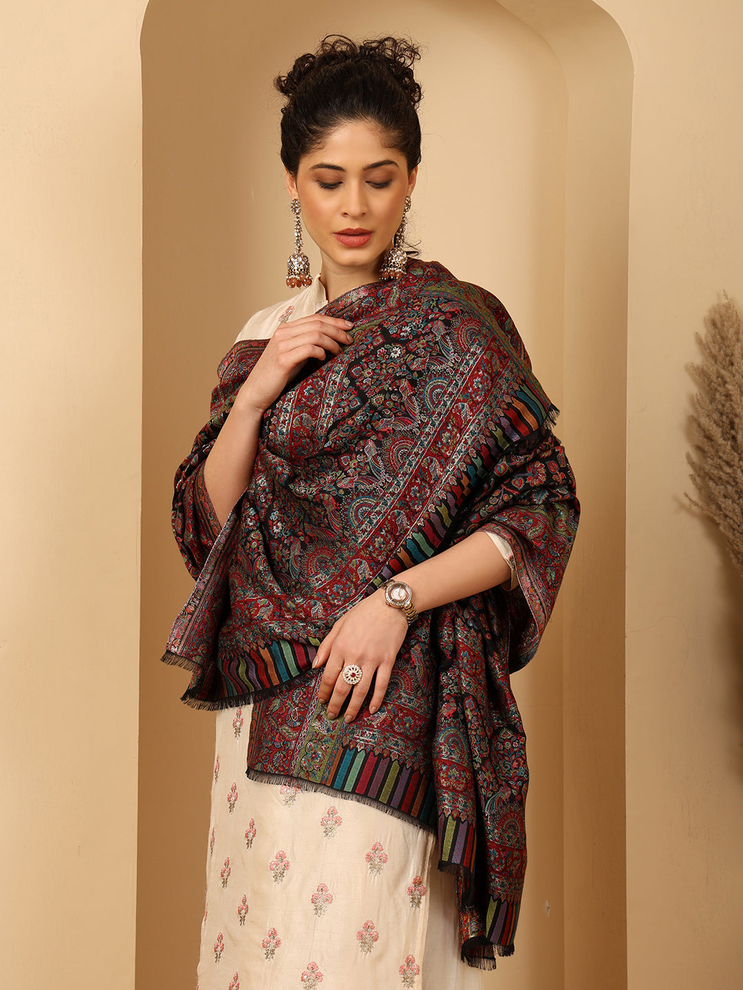 Tweedle Women’s Regalia Silk Moda, Zari Weave, Kashmiri Kani Shawl – Black