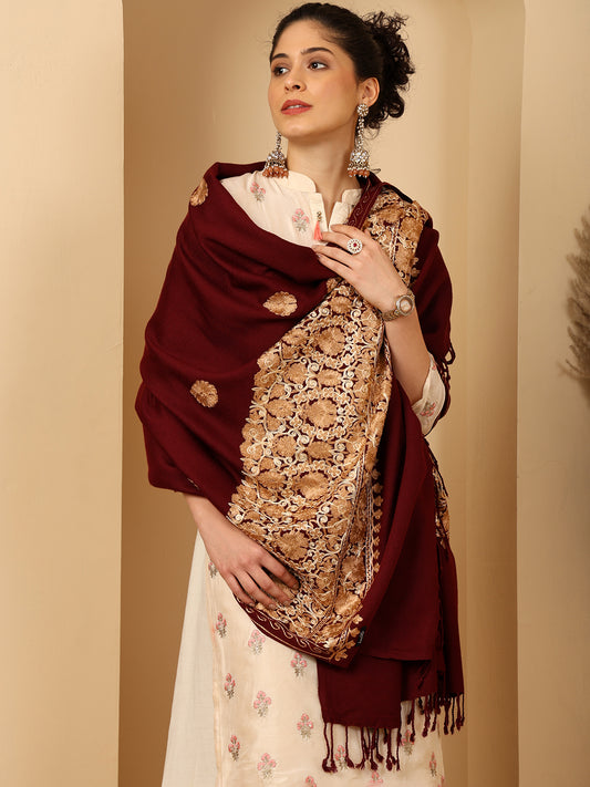 Tweedle Women’s Kashmiri Aari Embroidery Shawl / Stole - Wine, Size - 40 x 80 inches