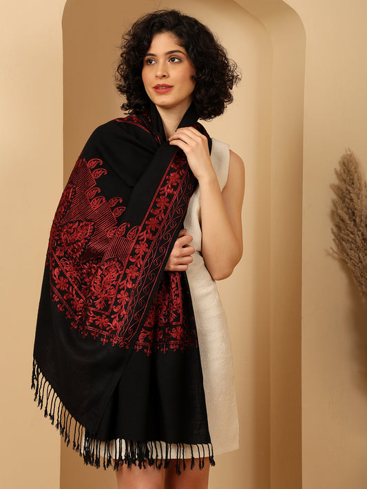 Tweedle Women’s Kashmiri Aari Embroidery Stole/ Scarf - Black, Size - 28 x 80 inches