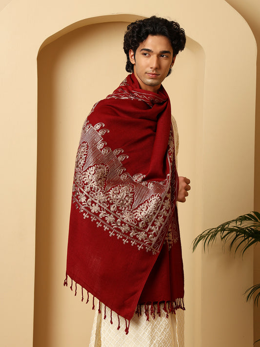 Tweedle Men’s Kashmiri Aari Embroidery Stole/ Scarf - Maroon , Size - 28 x 80 inches