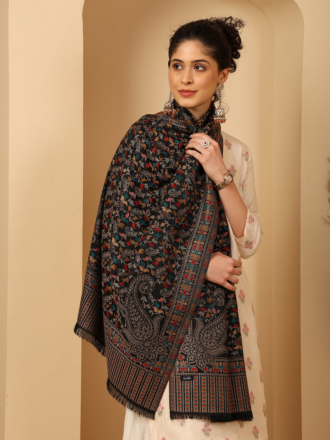 Tweedle Women’s Ethnic Kashmiri Kani Stole/ Scarf- Black, Size - 28 x 80 inches