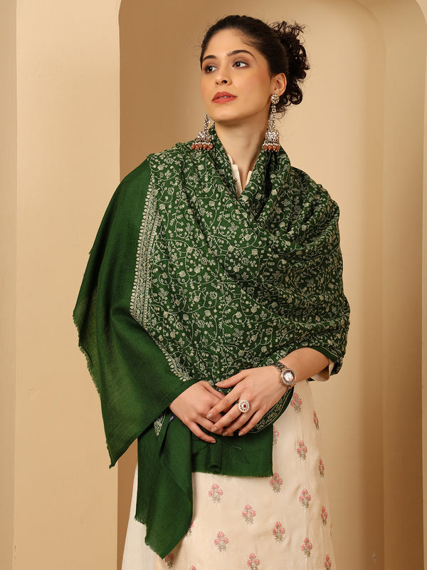 Tweedle Traditional Pure Wool Dupehra Kashmiri Embroidery Shawl for Women - Green