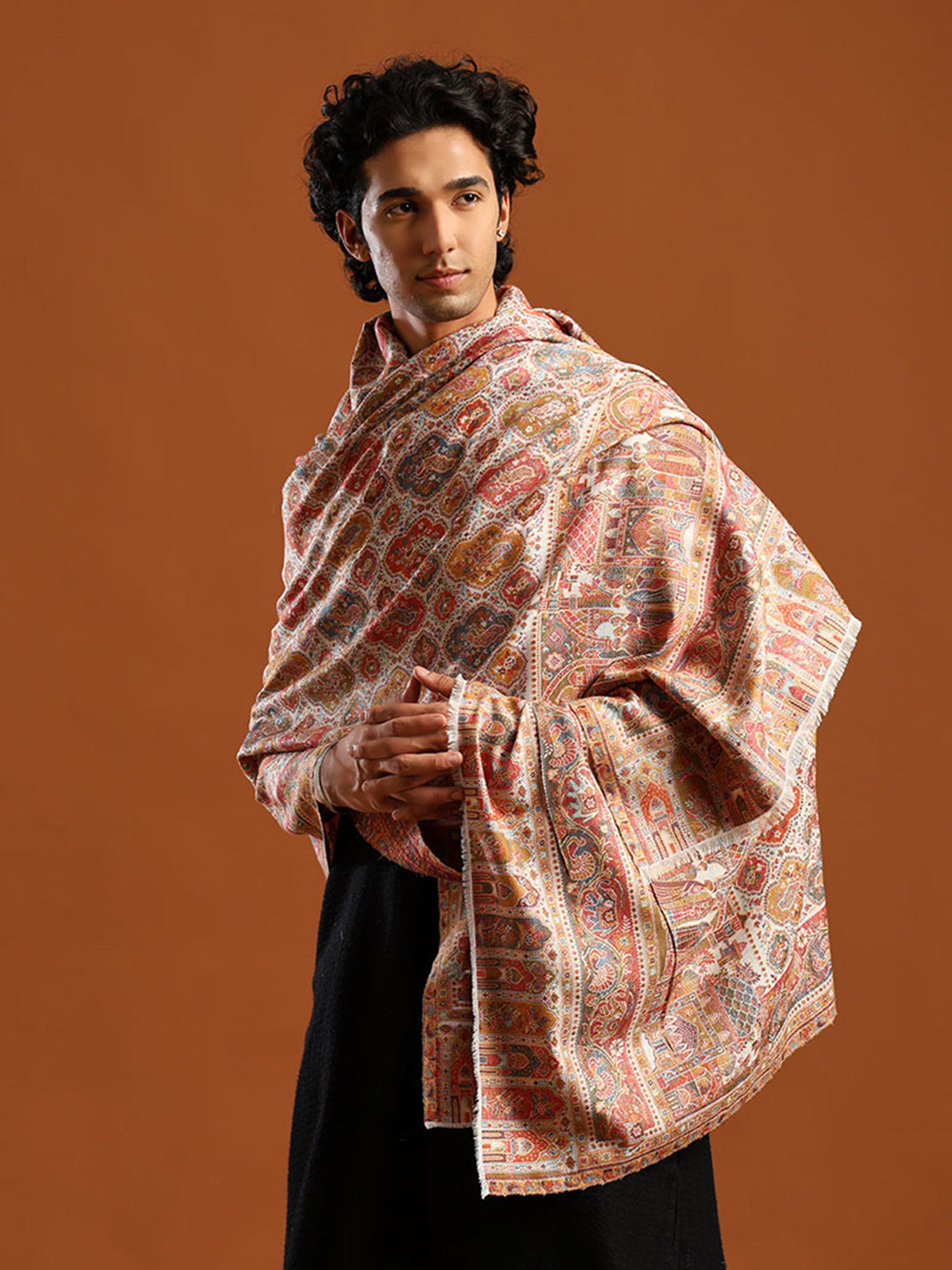 Tweedle Wool Blend Kani Shawl for Men – White, Size – 40x80