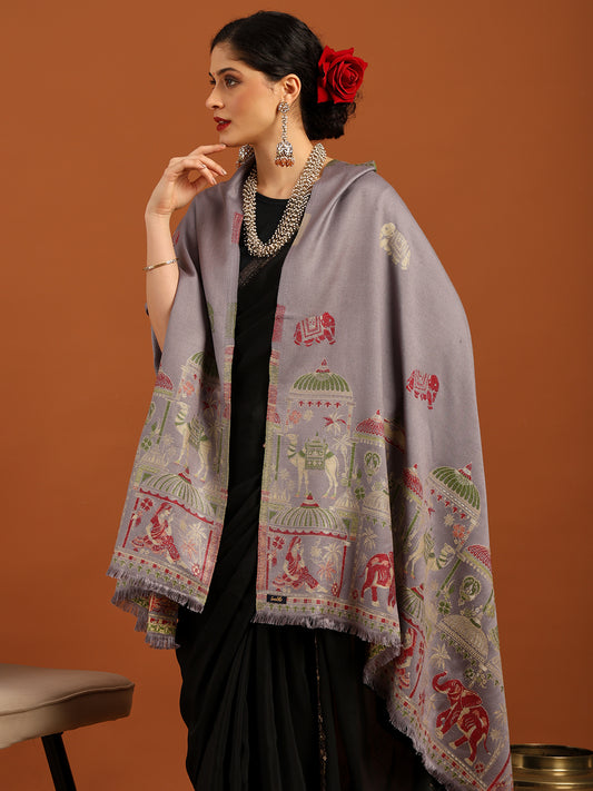 Tweedle Women’s Mahotsav Ethnic Design Zari Shawl, Faux Wool - Grey, Size - 40 x 80 inches