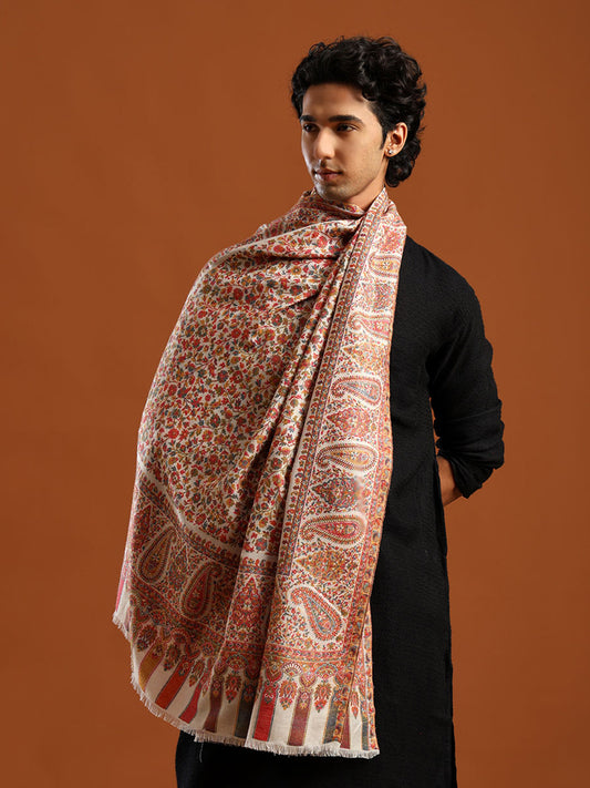 Tweedle Men’s Blended Wool Kashmiri Kani Shawl  - White
