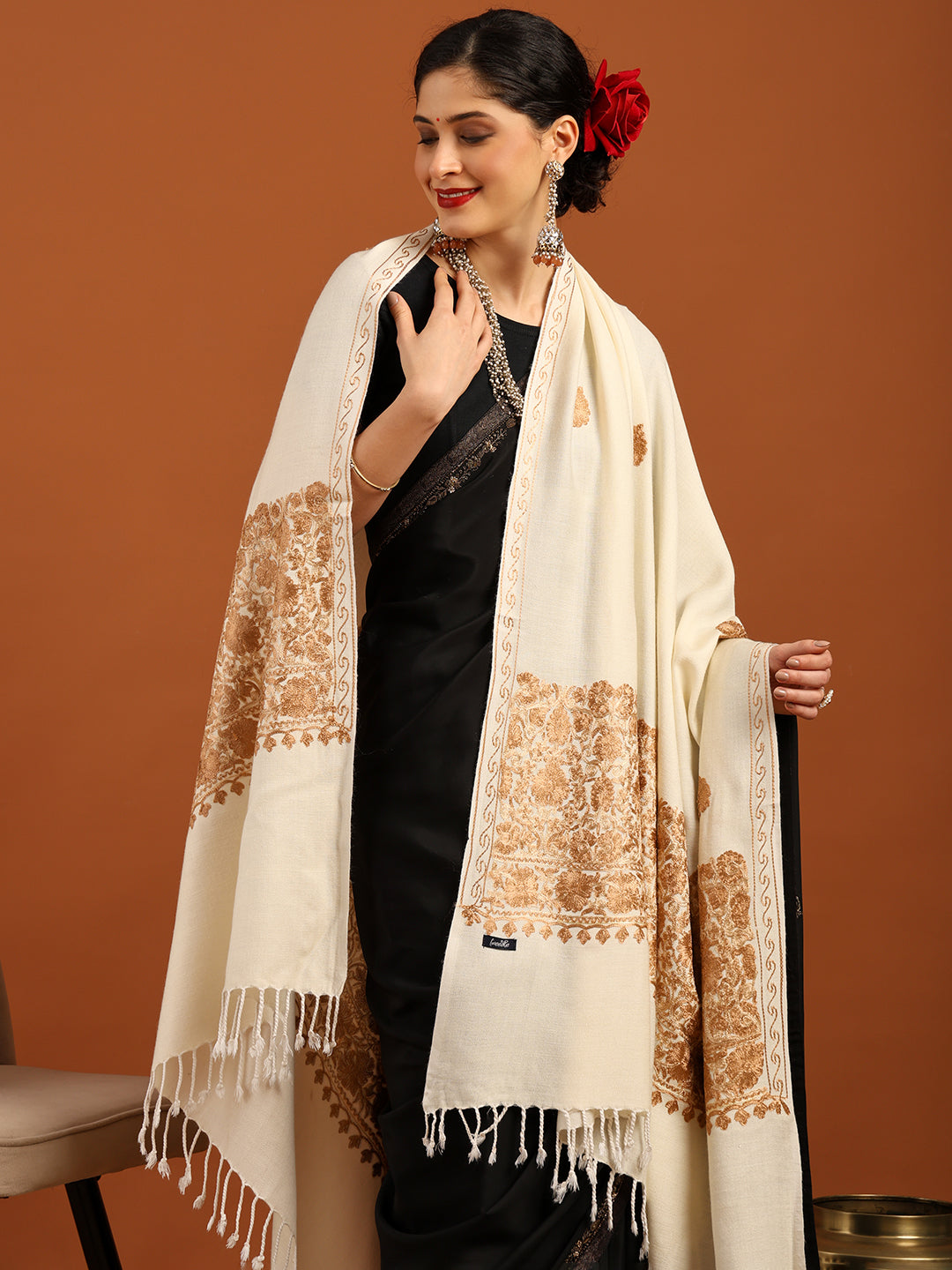 Tweedle Women’s Kashmiri Aari Embroidery Shawl / Stole - Off White, Size - 40 x 80 inches