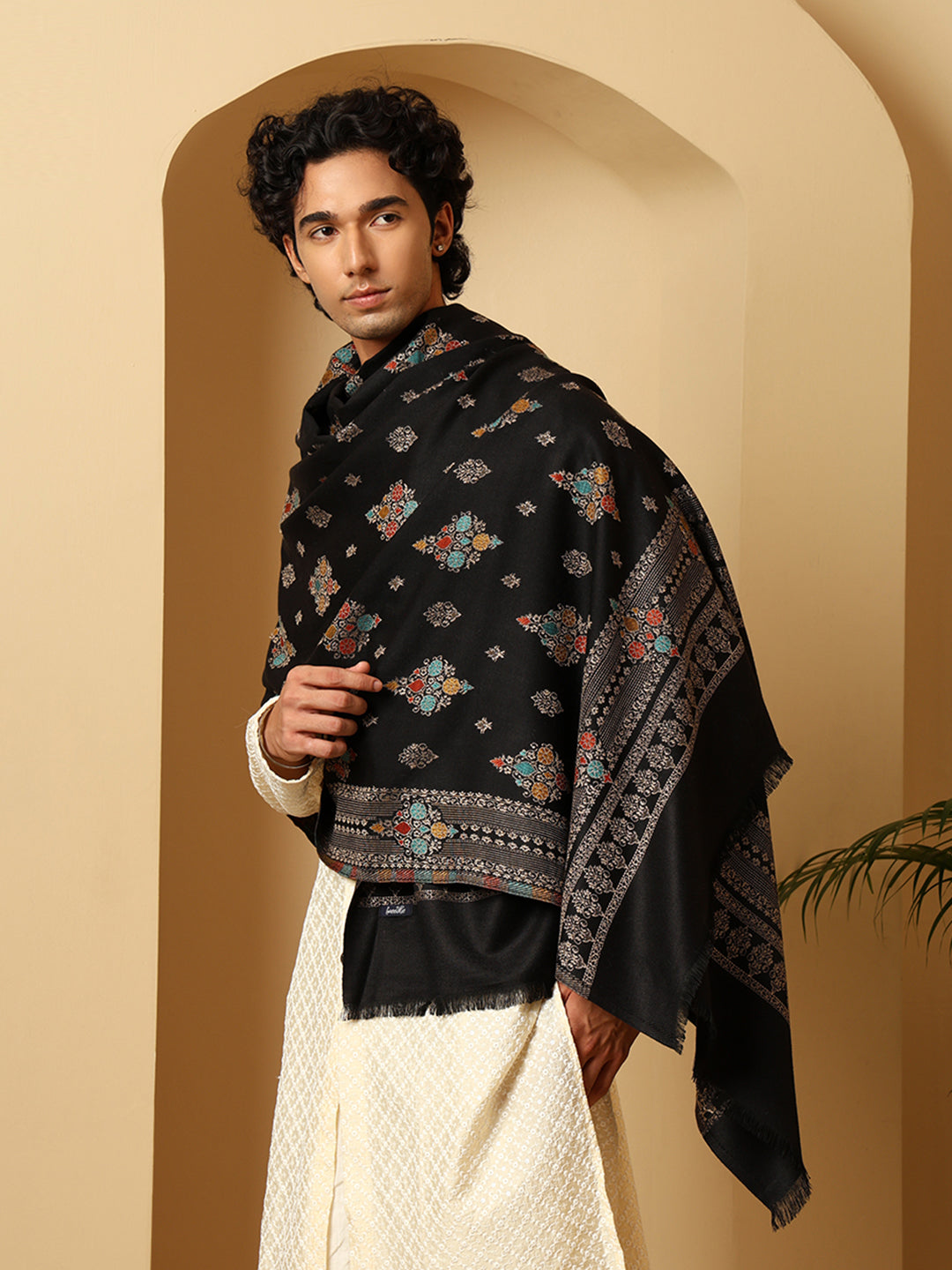 Tweedle Men’s Ethnic Design Faux Wool Shawl - Black, Size - 40 x 80 inches