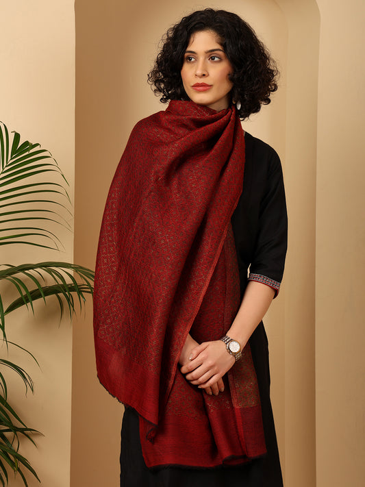 Tweedle Women’s Reversible Pashmina Wool Stole with Floral Zari Weave - Maroon