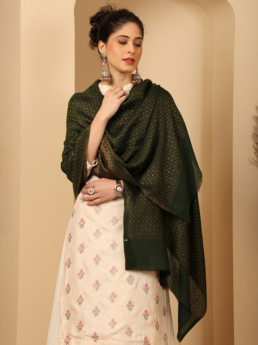 Tweedle Women’s Reversible Pashmina Wool Stole with Floral Zari Weave - Green