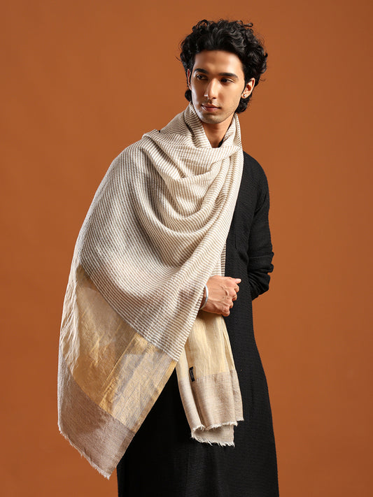 Tweedle Men’s Fine Wool Stole with Striped Zari Palla - Off-White