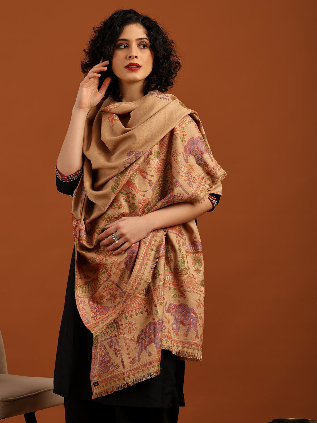 Tweedle Women’s Mahotsav Ethnic Design Zari Shawl, Faux Wool - Beige, Size - 40 x 80 inches