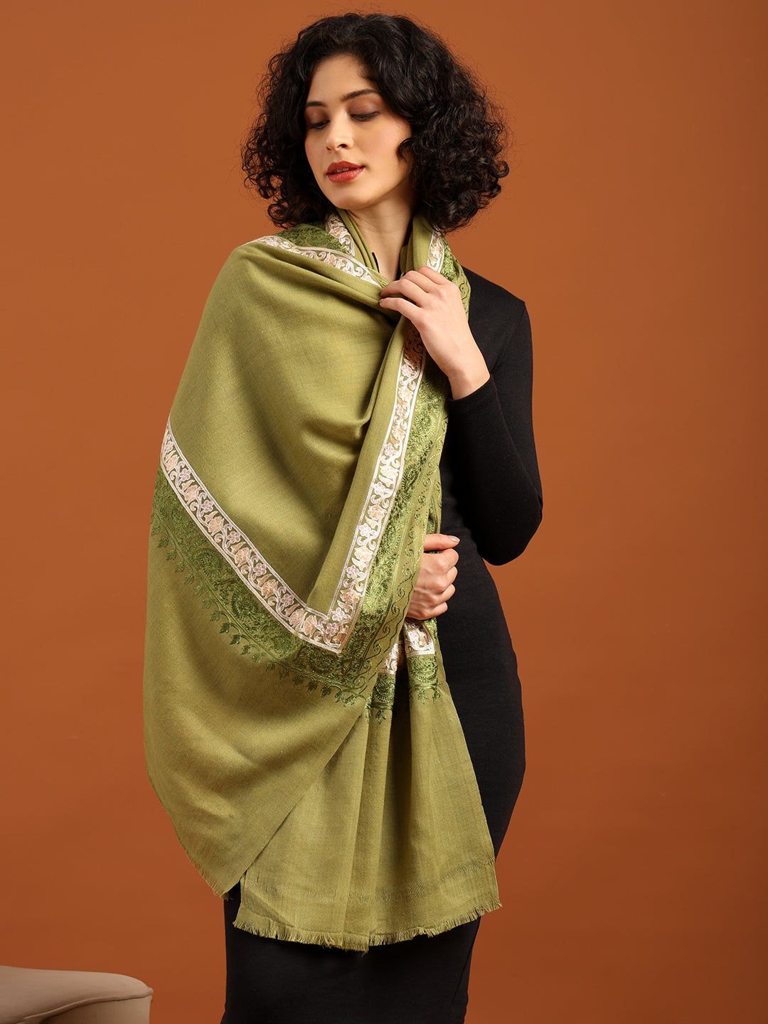 Tweedle Fine Wool Embroidered Stole for Women - Green, Size -28x80