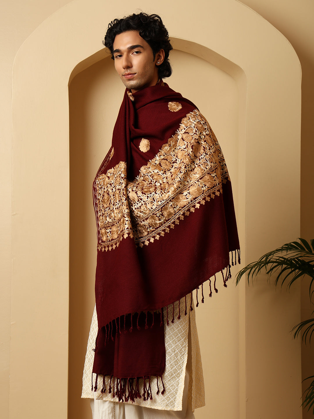 Tweedle Men’s Kashmiri Aari Embroidery Shawl / Stole - Wine, Size - 40 x 80 inches
