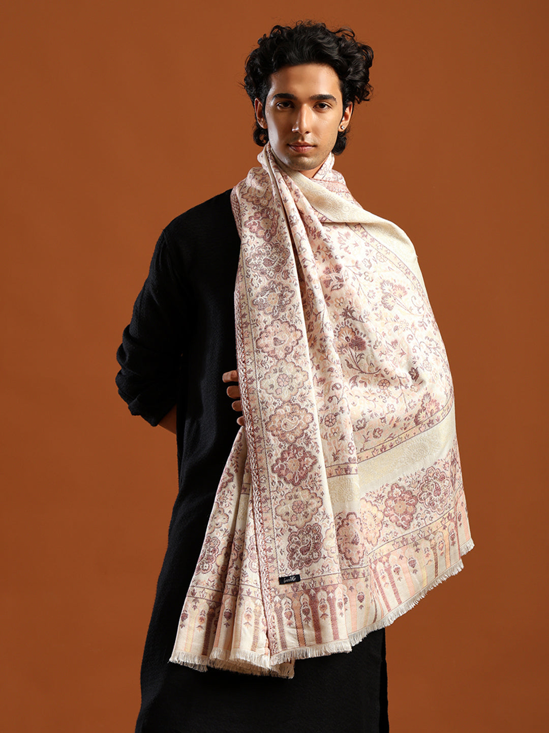 Tweedle Men’s Naira Kani Design and Zari Border - White, Size - 40 x 80 inches