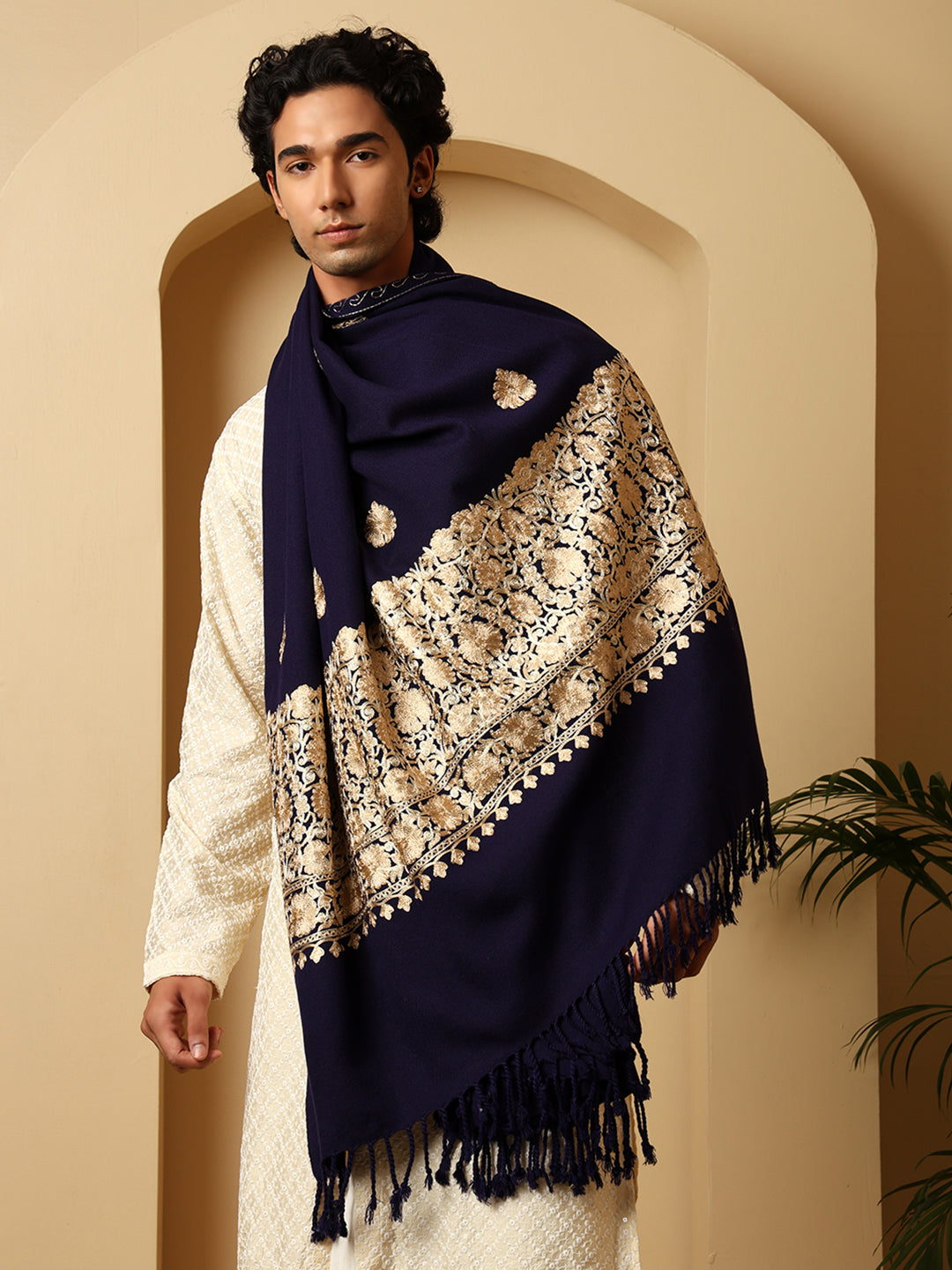 Tweedle Men’s Kashmiri Aari Embroidery Shawl / Stole - Navy Blue, Size - 40 x 80 inches