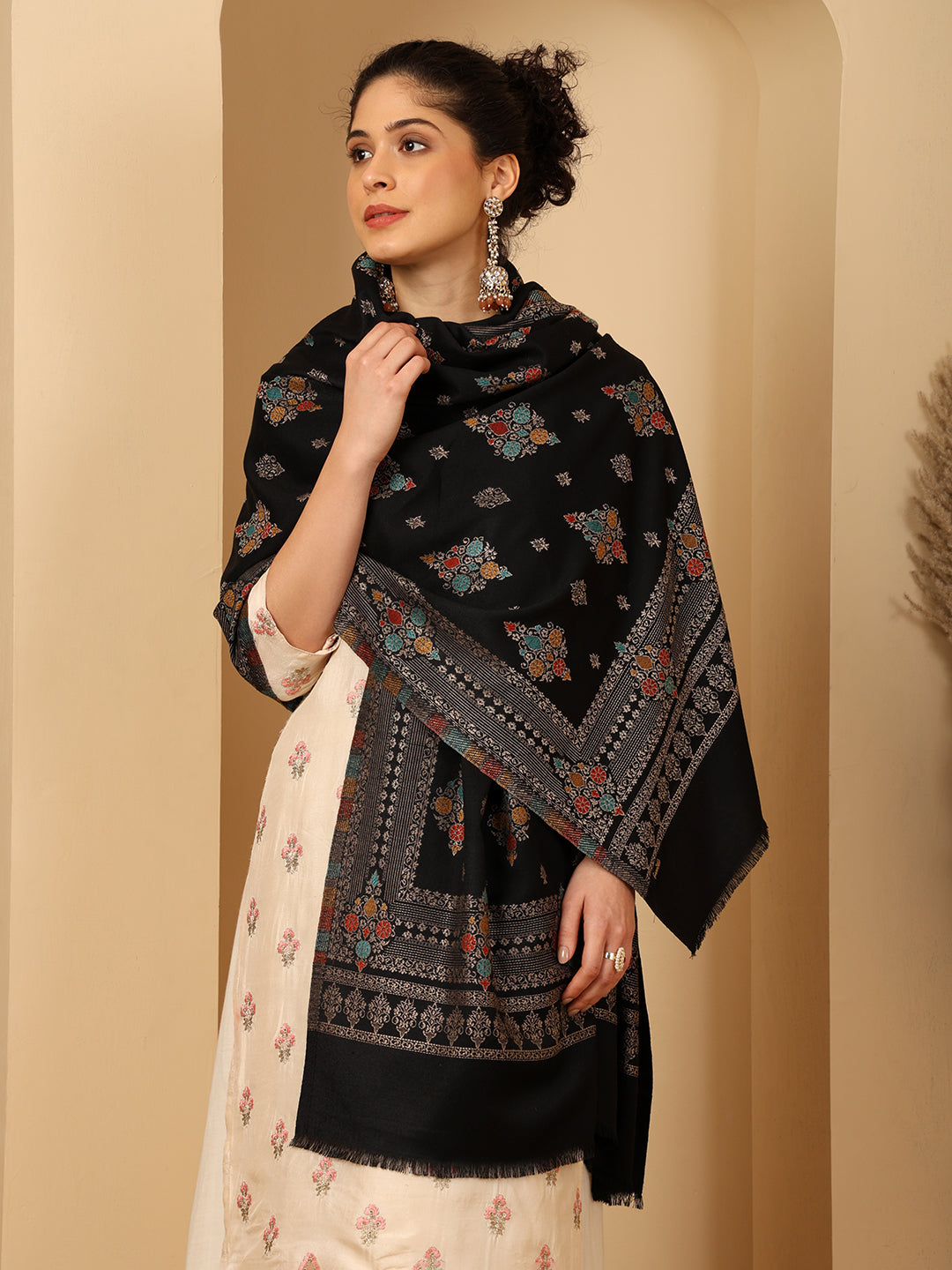 Tweedle Women’s Ethnic Design Faux Wool Shawl - Black, Size - 40 x 80 inches